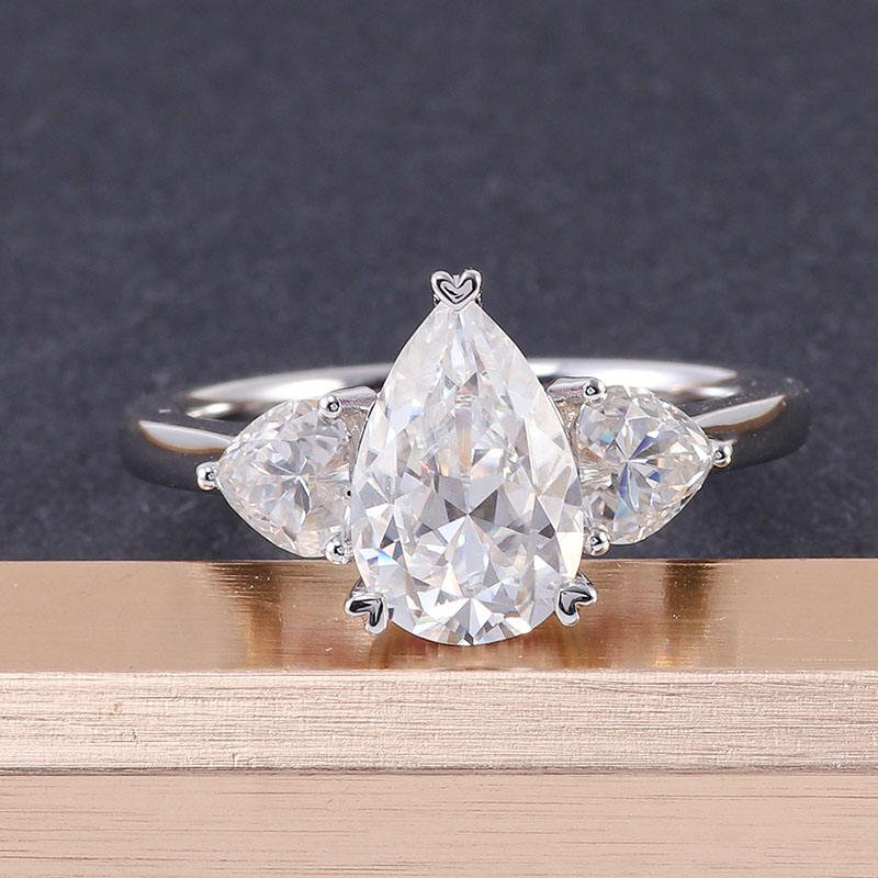 2.1 Ct Pear Moissanite With 2 Heart and 41 Round Diamonds Wedding Rings