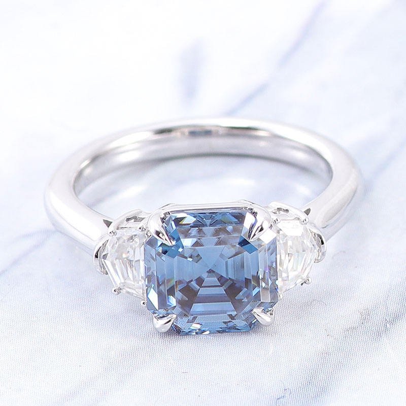 2.45 Ct Asscher Moissanite With 2 Half Moon Cut Wedding Ring