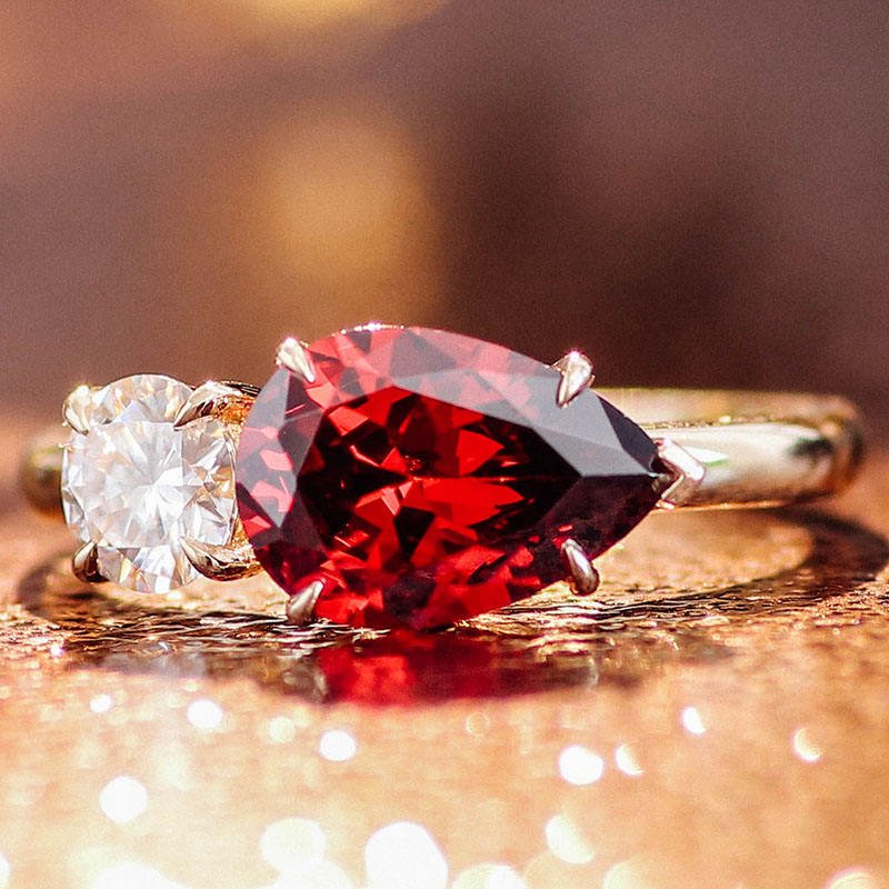 1.3 Ct Ravishing Ruby Pear With 0.70 Pointer Round Cut Enagagement Ring