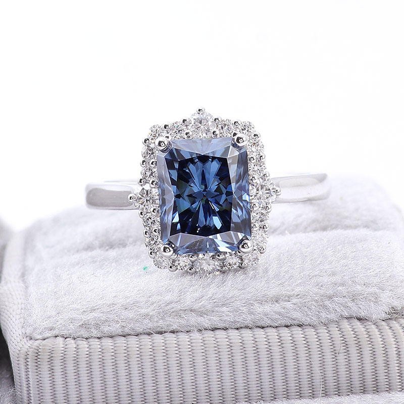 2.3 Ct Blueish Radiant Moissanite With Round Cut Engagegment Ring