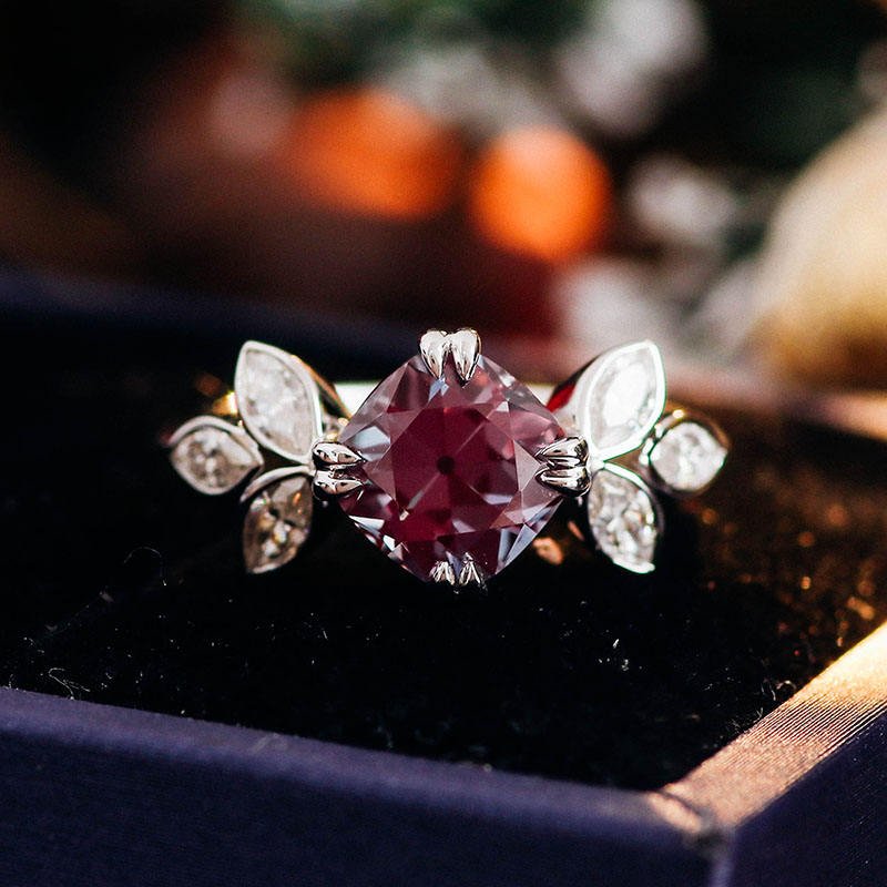 1.4 Ct Red Cushion With Marquise Moissanite Engagement Ring