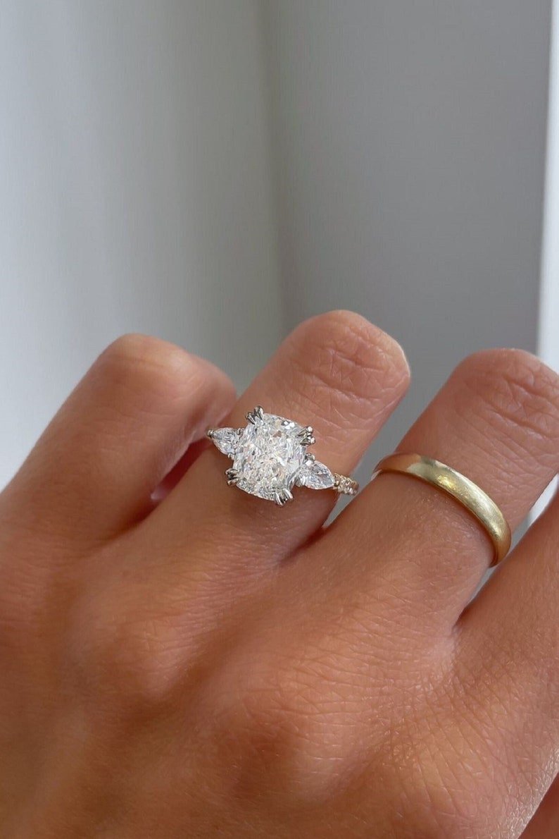 2.0 Ct Elongated Cushion With Pear Moissanite Engagement Ring