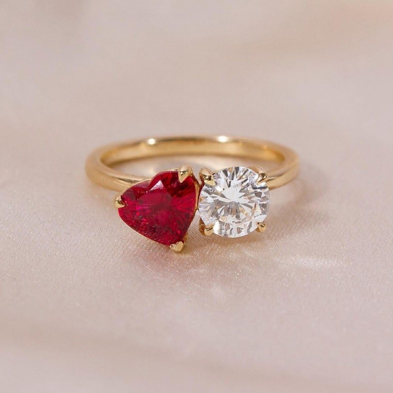 1.0 CT Brilliant Round Moissanite With Heart Ruby Engagement Ring