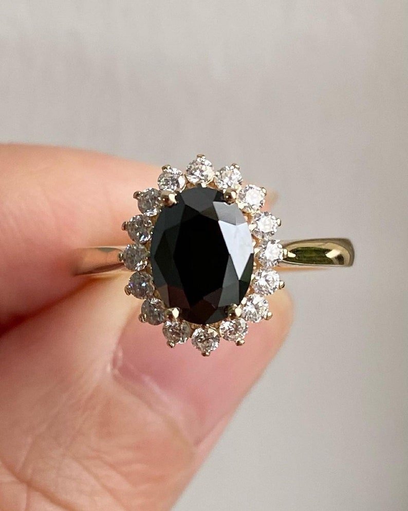 Black Oval With Brilliant Round Moissanite Ladies Ring